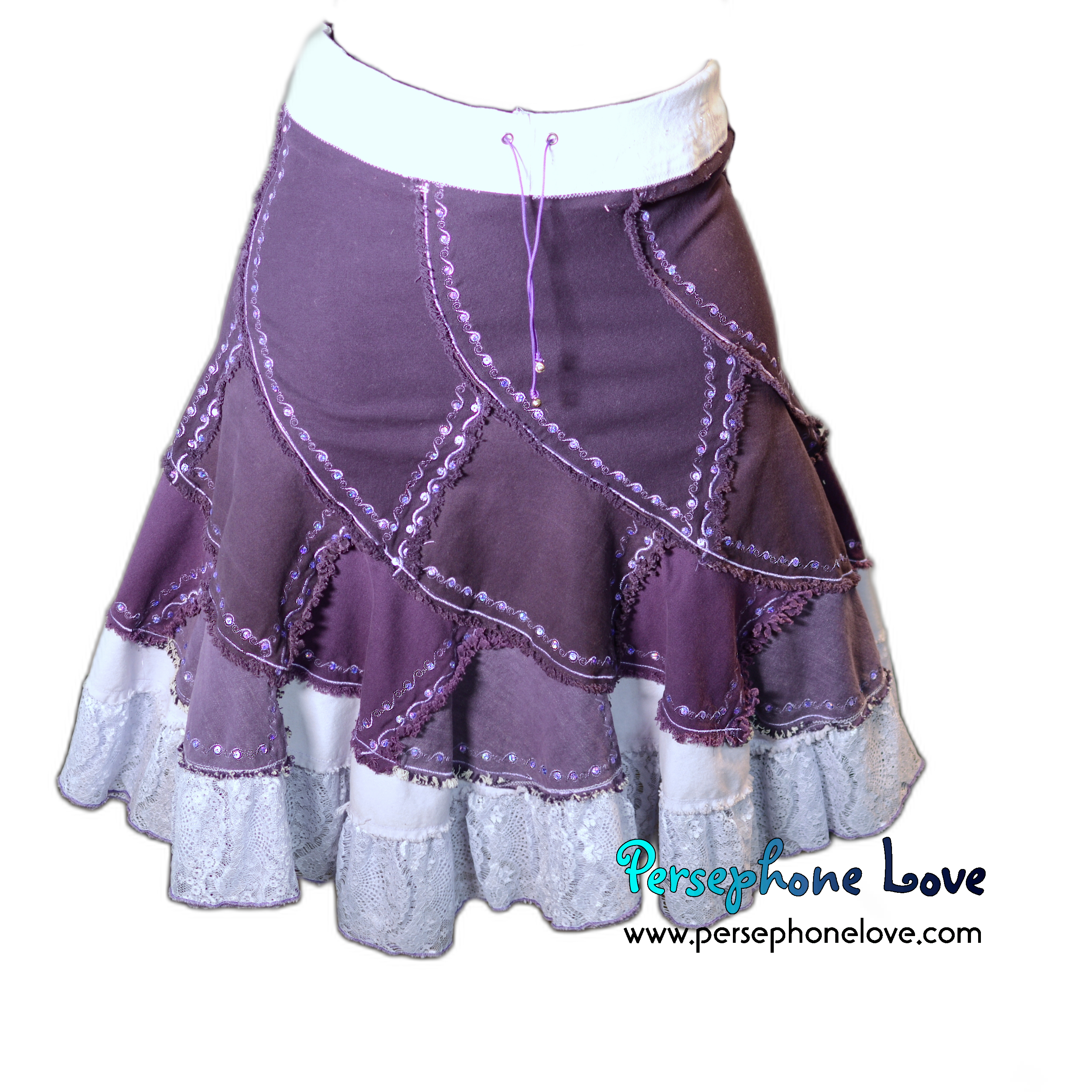 Purple ombre patchwork denim upcycled twirly spiral festival skirt