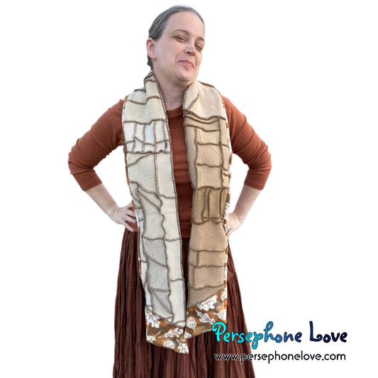 Patchwork beige 100% cashmere upcycled needle-felted sweater scarf -1713