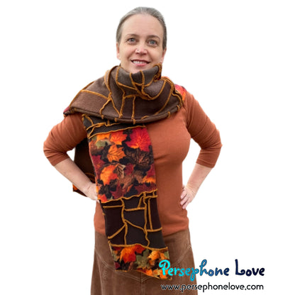 Patchwork brown 100% cashmere upcycled needle-felted sweater scarf -1746