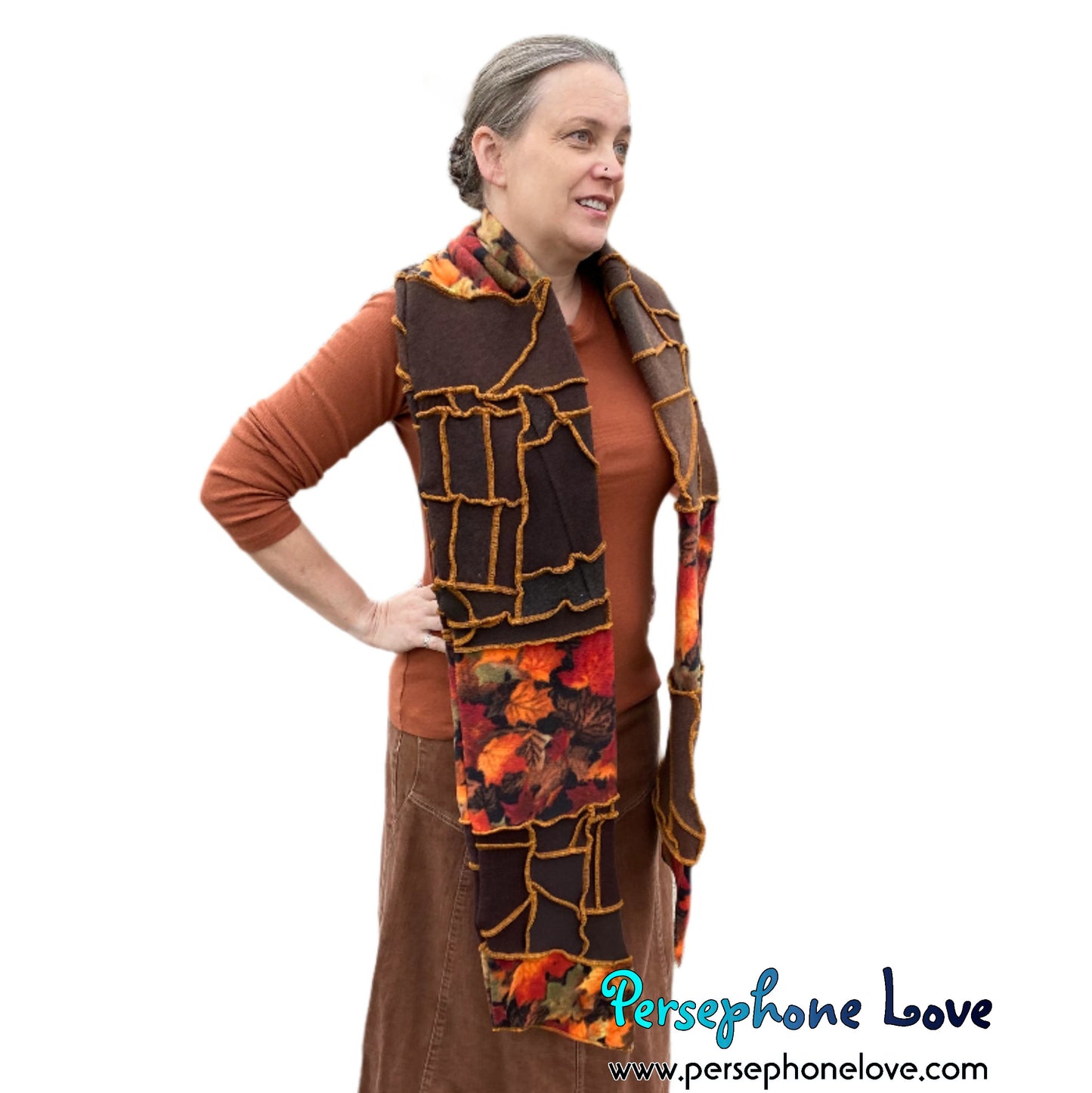 Patchwork brown 100% cashmere upcycled needle-felted sweater scarf -1746