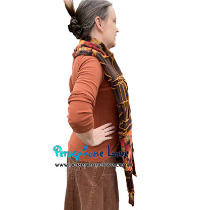 Patchwork brown 100% cashmere upcycled needle-felted sweater scarf -1746