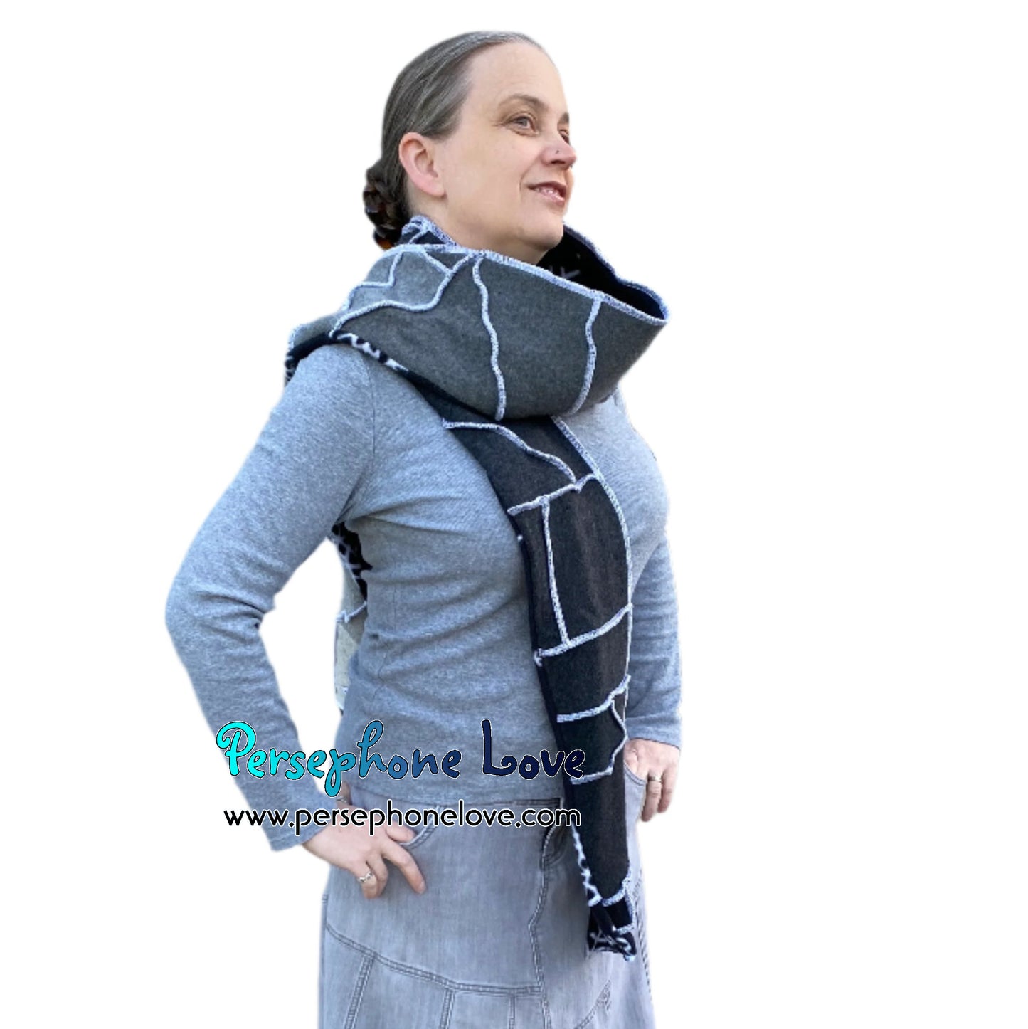 Patchwork grey 100% cashmere upcycled needle-felted sweater scarf -1788