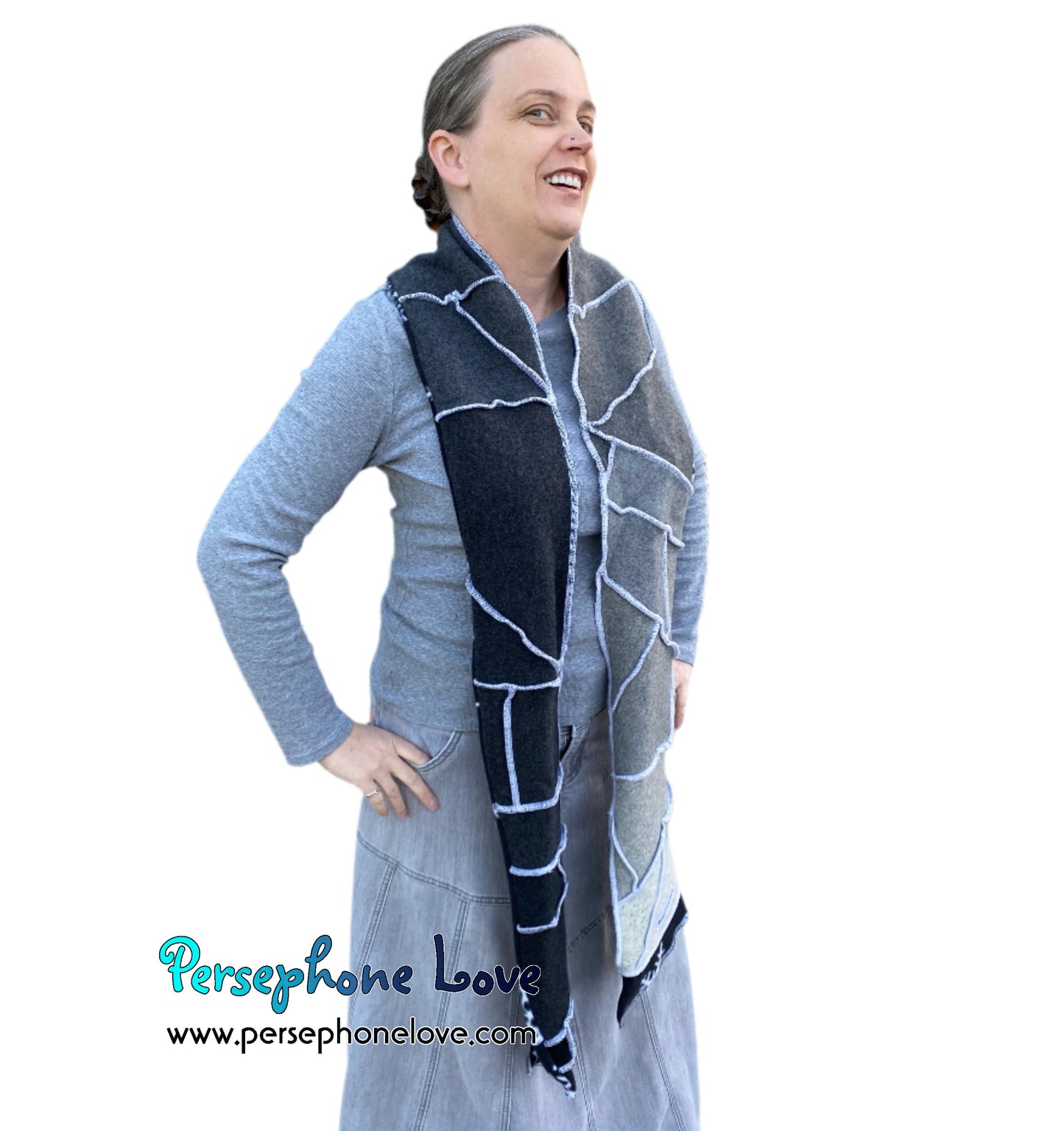 Patchwork grey 100% cashmere upcycled needle-felted sweater scarf -1788