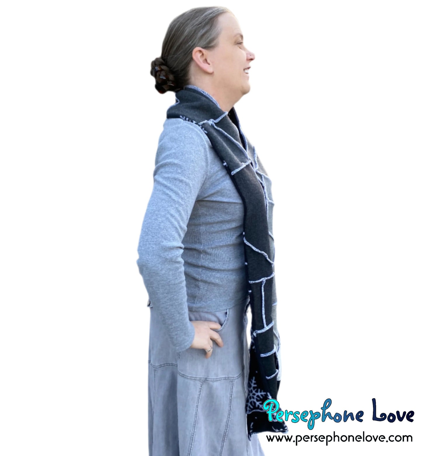 Patchwork grey 100% cashmere upcycled needle-felted sweater scarf -1788