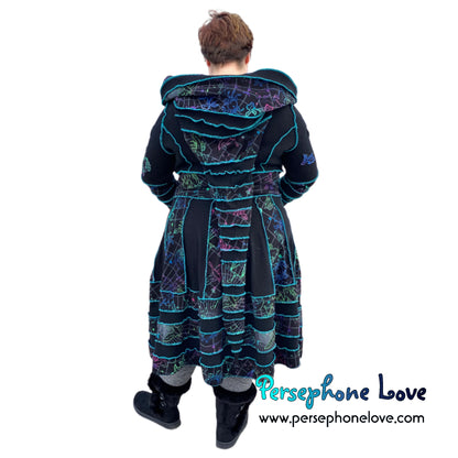 GODDESS SIZE Black Zodiac felted cashmere patchwork sweatercoat-2524