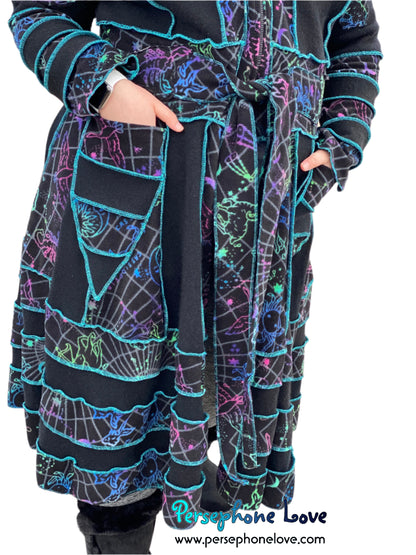 GODDESS SIZE Black Zodiac felted cashmere patchwork sweatercoat-2524