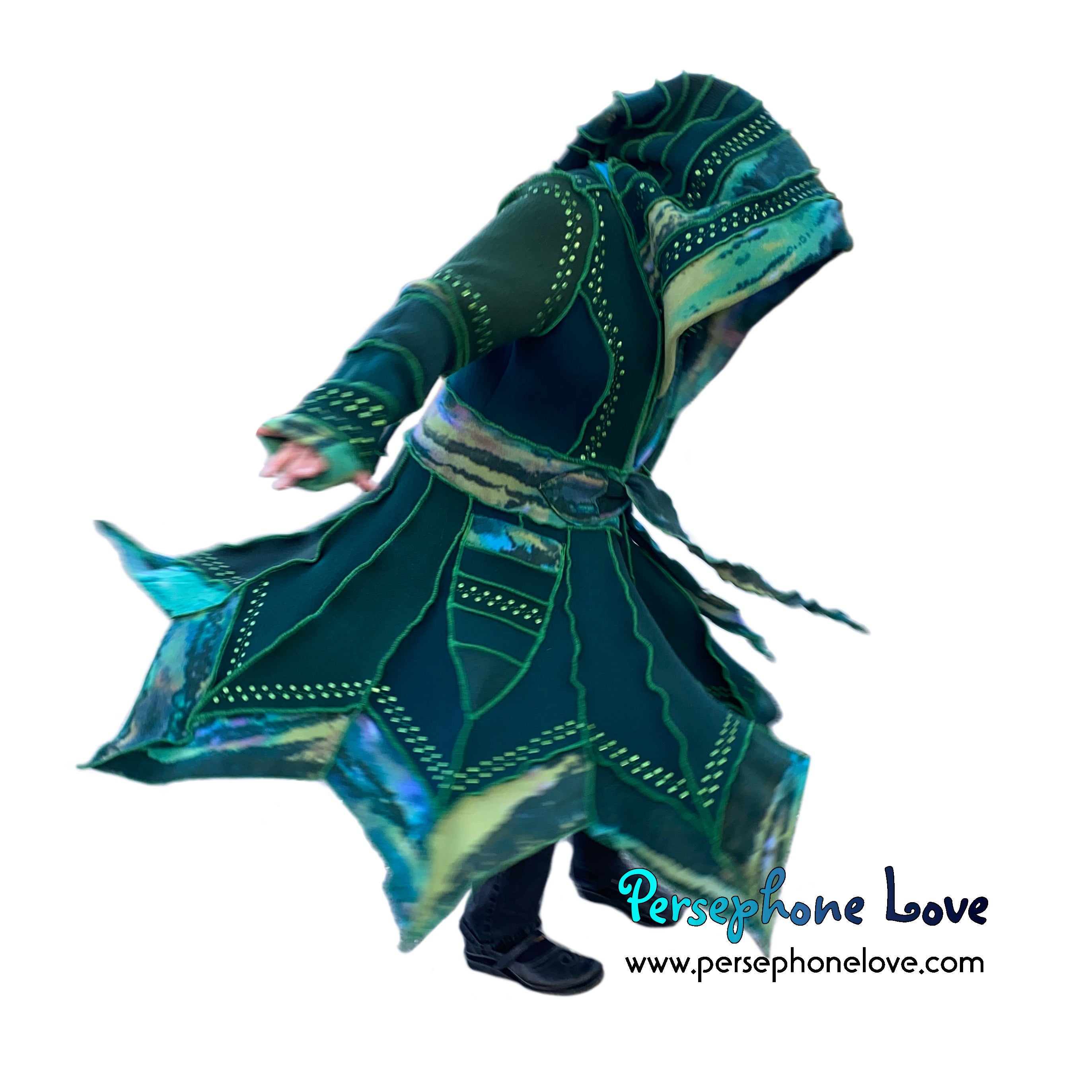 “Dance with the Trees” Green pixie felted cashmere/wool/fleece  Katwise-inspired sequin sweatercoat-2570