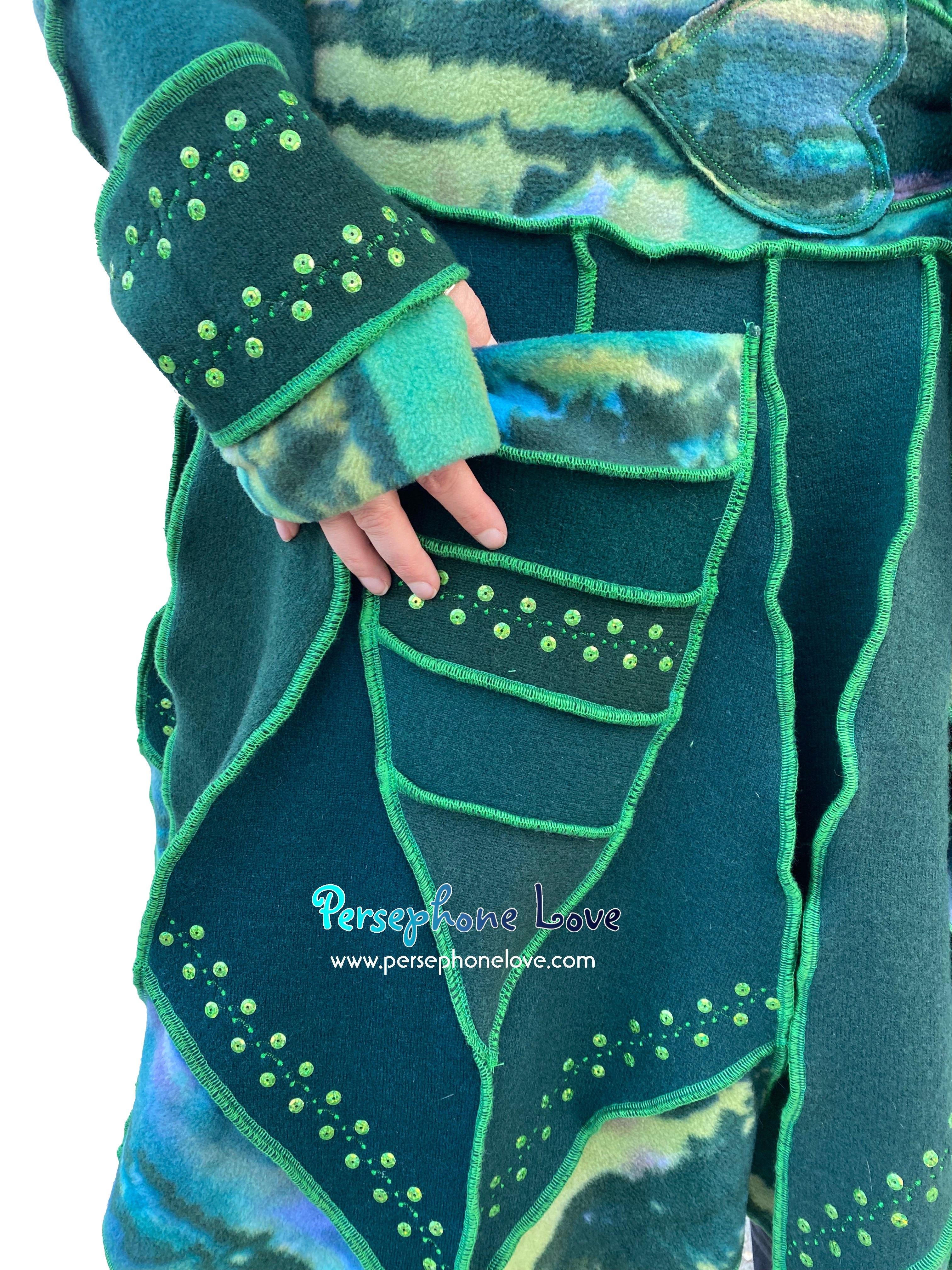 “Dance with the Trees” Green pixie felted cashmere/wool/fleece  Katwise-inspired sequin sweatercoat-2570