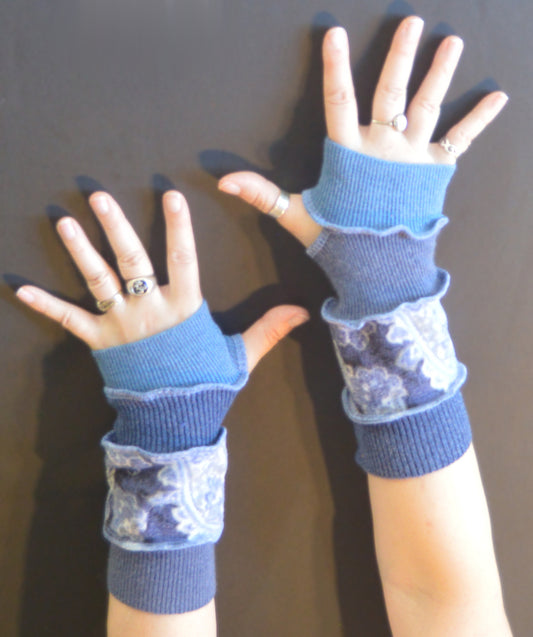 Katwise inspired needle-felted blue paisley upcycled sweater arm warmers-1307