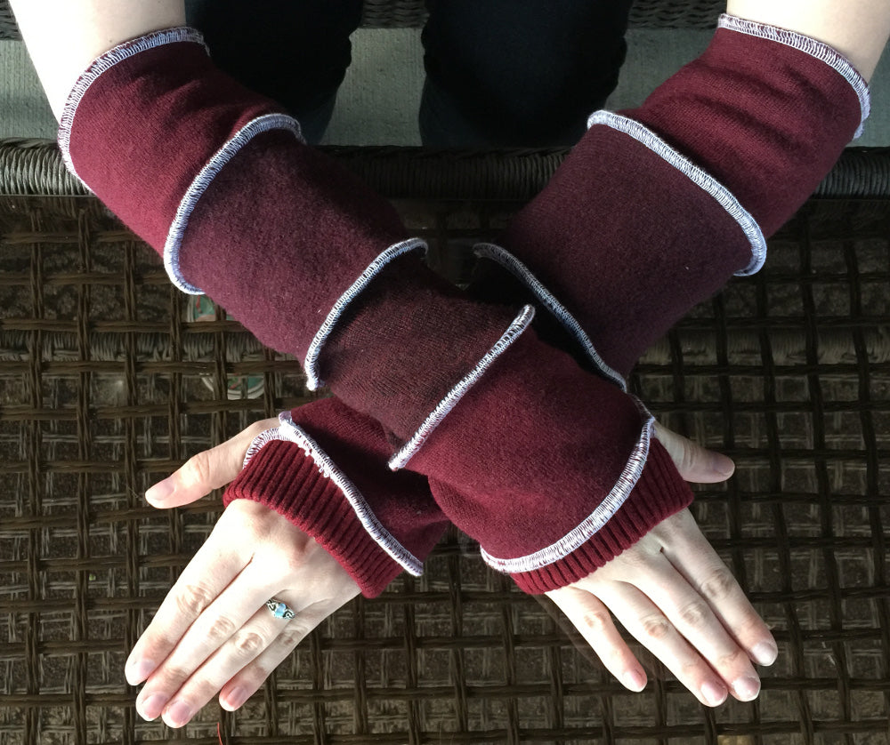 Katwise inspired needle-felted maroon wool upcycled sweater arm