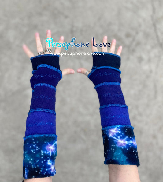 Katwise inspired needle-felted galaxy embroidered blue upcycled sweater arm warmers-1358