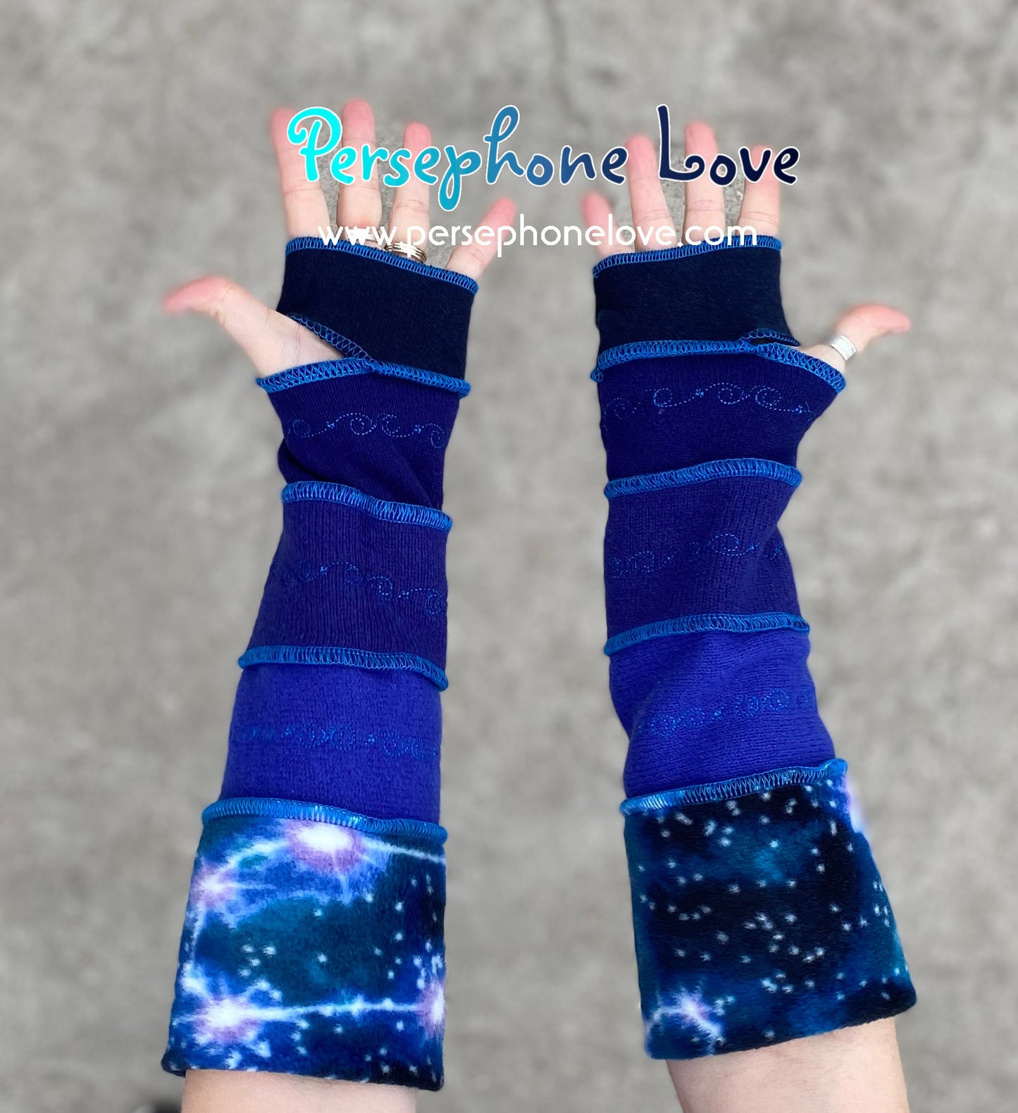 Katwise inspired needle-felted galaxy embroidered blue upcycled sweater arm warmers-1358