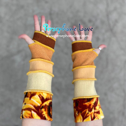 Katwise inspired needle-felted golden sunflower upcycled sweater arm warmers-1367