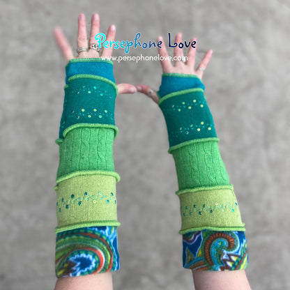 Katwise inspired needle-felted teal blue green upcycled sweater arm warmers embroidery SEQUINS-1374