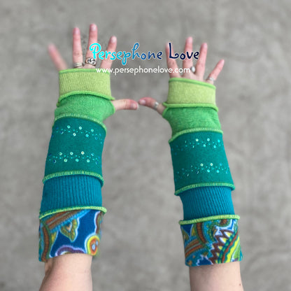 Katwise inspired needle-felted teal blue green upcycled sweater arm warmers embroidery SEQUINS-1375