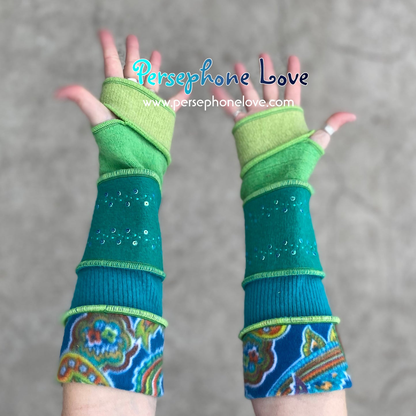 Katwise inspired needle-felted teal blue green upcycled sweater arm warmers embroidery SEQUINS-1375