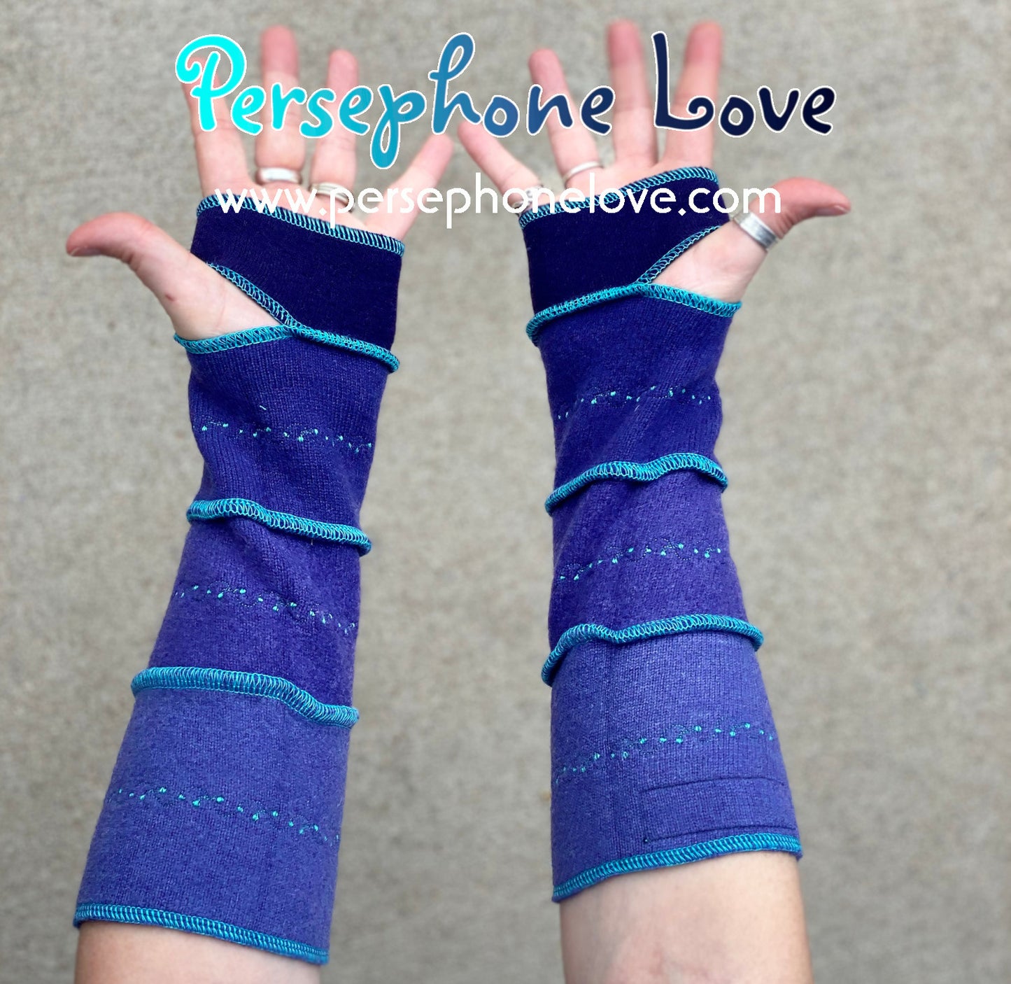 Katwise inspired needle-felted purple 100% cashmere embroidered upcycled sweater arm warmers -1409