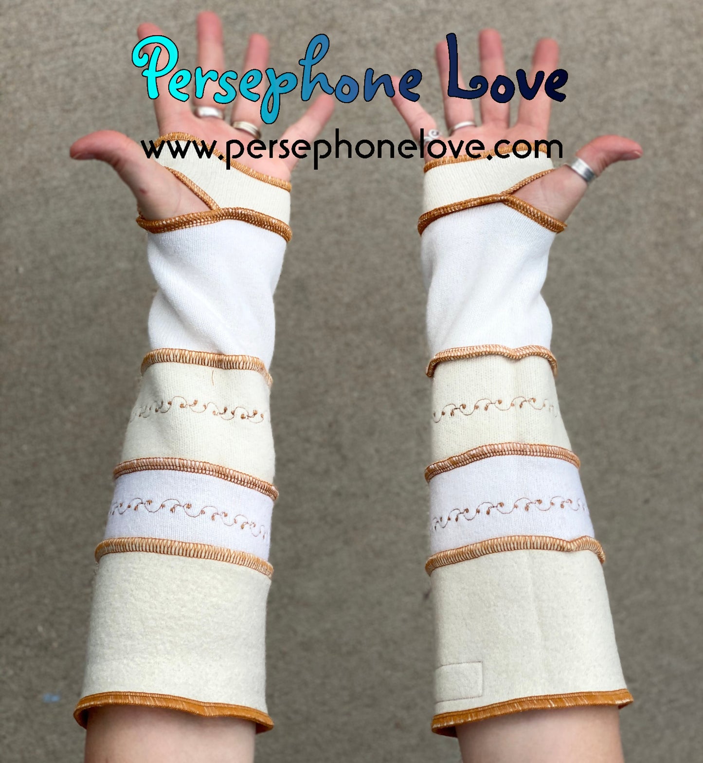 Katwise inspired needle-felted ivory 100% cashmere embroidered upcycled sweater arm warmers-1410