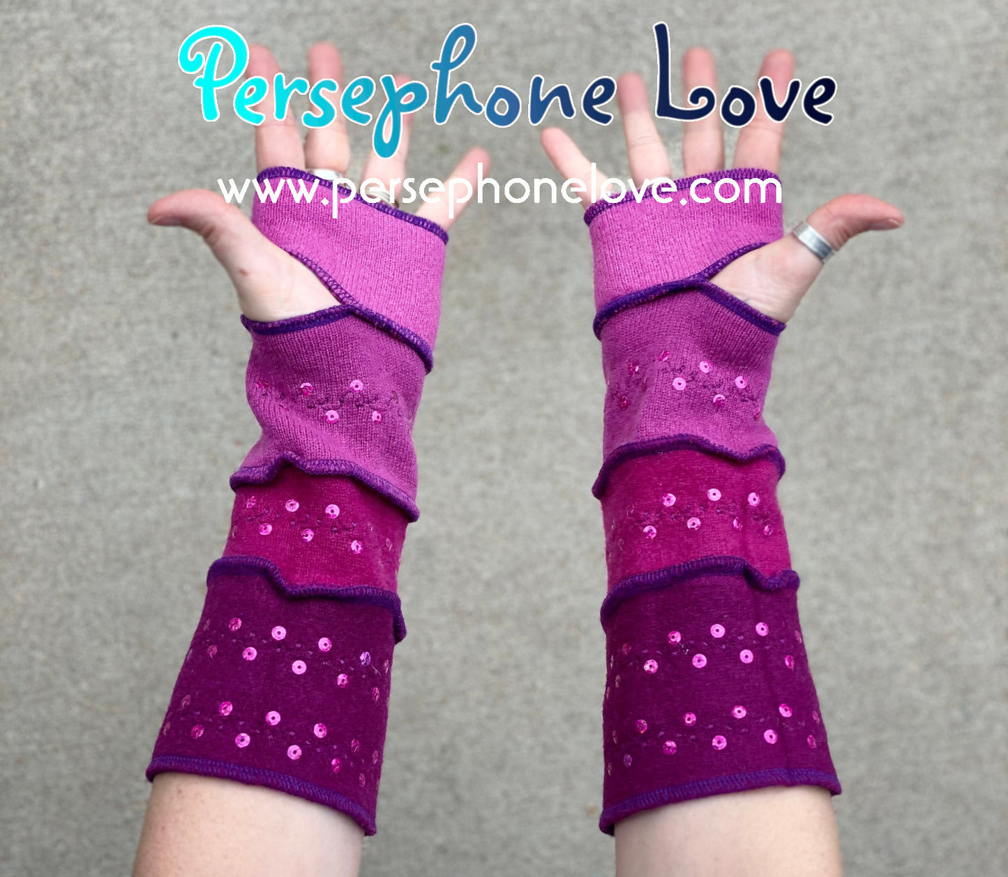 Katwise inspired needle-felted pink 100% cashmere embroidered upcycled sweater arm warmers SEQUINS-1411