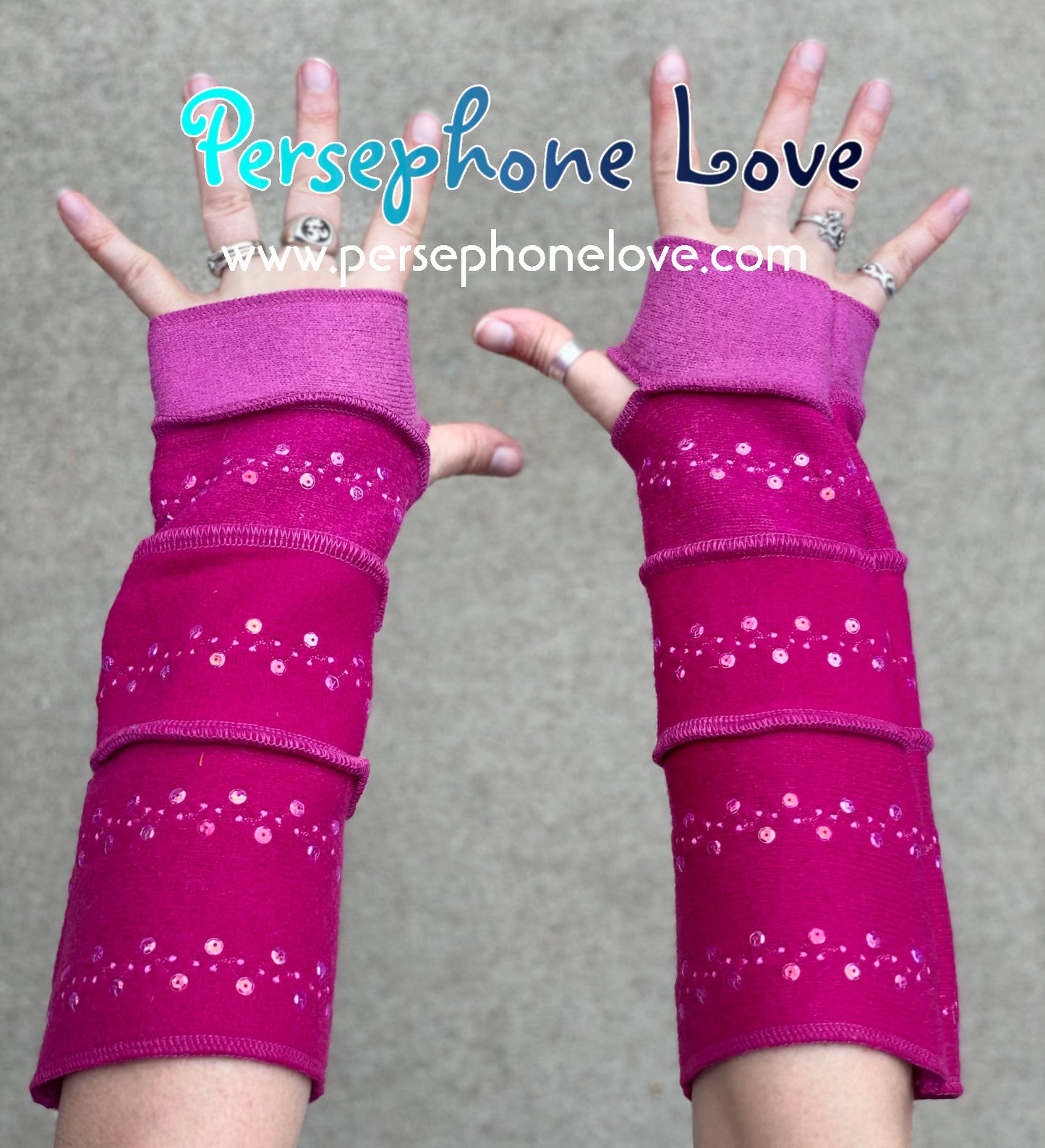 Katwise inspired needle-felted pink 100% cashmere embroidered upcycled sweater arm warmers with sequins-1412