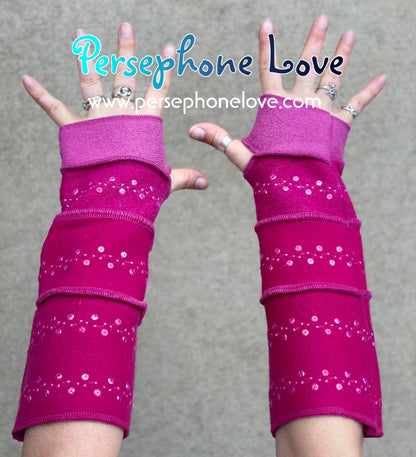 Katwise inspired needle-felted pink 100% cashmere embroidered upcycled sweater arm warmers with sequins-1412