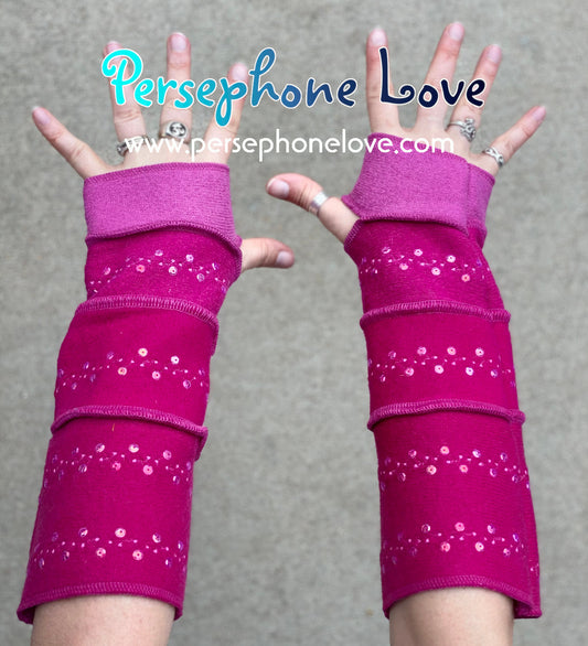 Katwise inspired needle-felted pink 100% cashmere embroidered upcycled sweater arm warmers with sequins-1412