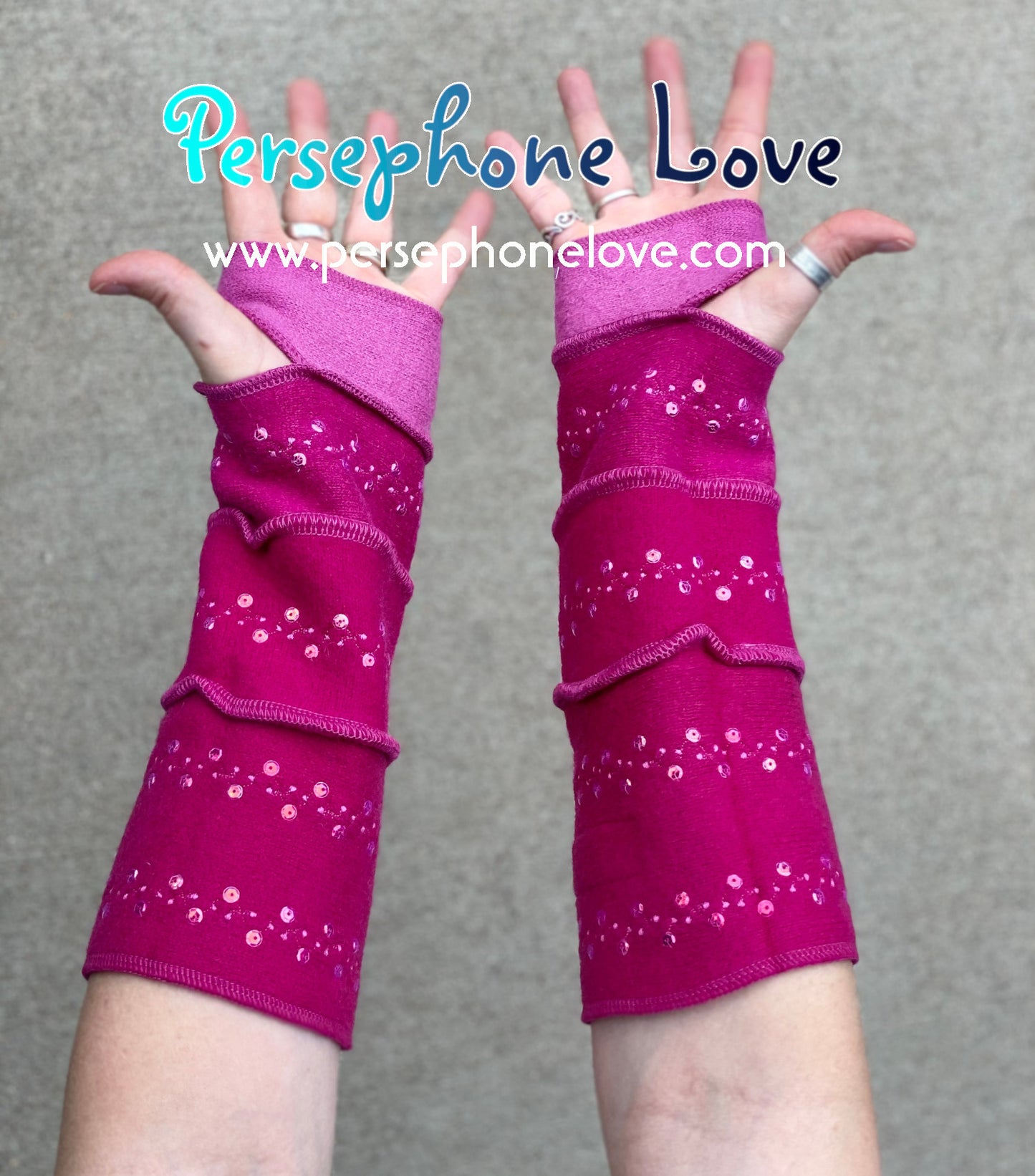 Katwise inspired needle-felted pink 100% cashmere embroidered upcycled sweater arm warmers with sequins-1412