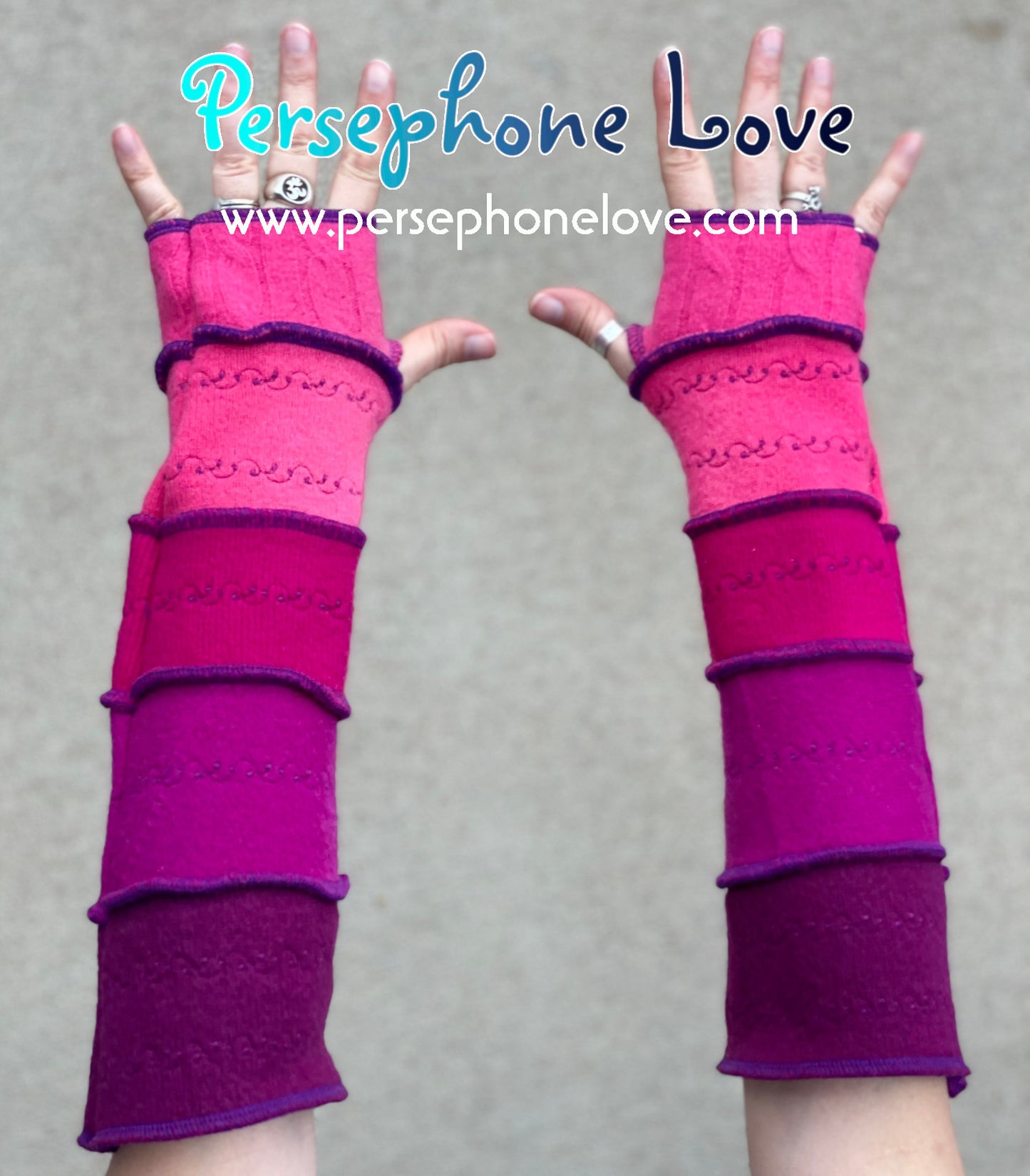 Felted Fucsia pink 100% cashmere embroidered arm warmers-1417