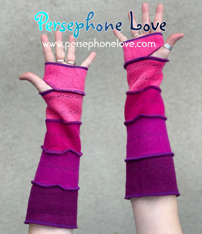 Felted Fucsia pink 100% cashmere embroidered arm warmers-1417