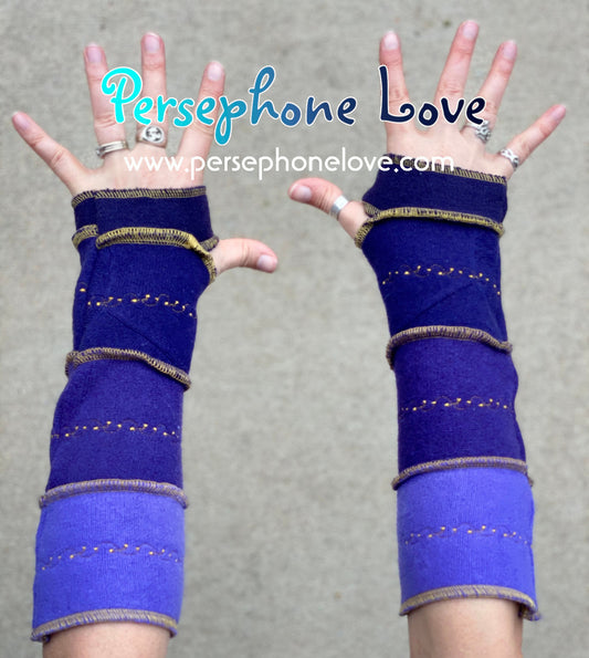 Katwise inspired needle-felted purple 100% cashmere embroidered upcycled sweater arm warmers -1420