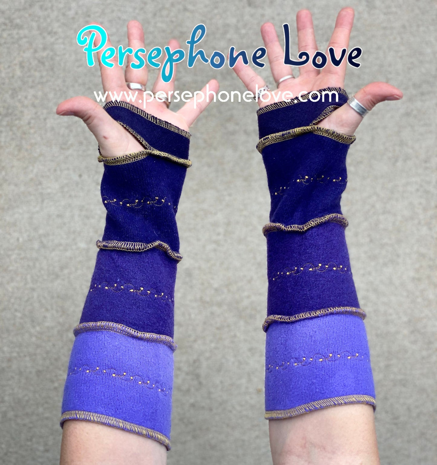 Katwise inspired needle-felted purple 100% cashmere embroidered upcycled sweater arm warmers -1420