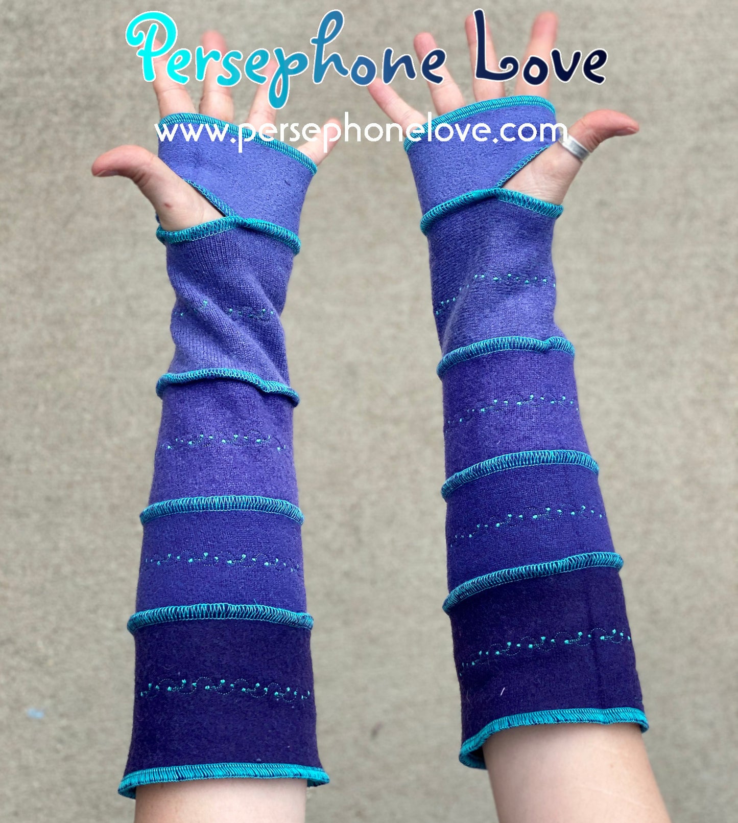 Katwise inspired needle-felted purple 100% cashmere embroidered upcycled sweater arm warmers-1421