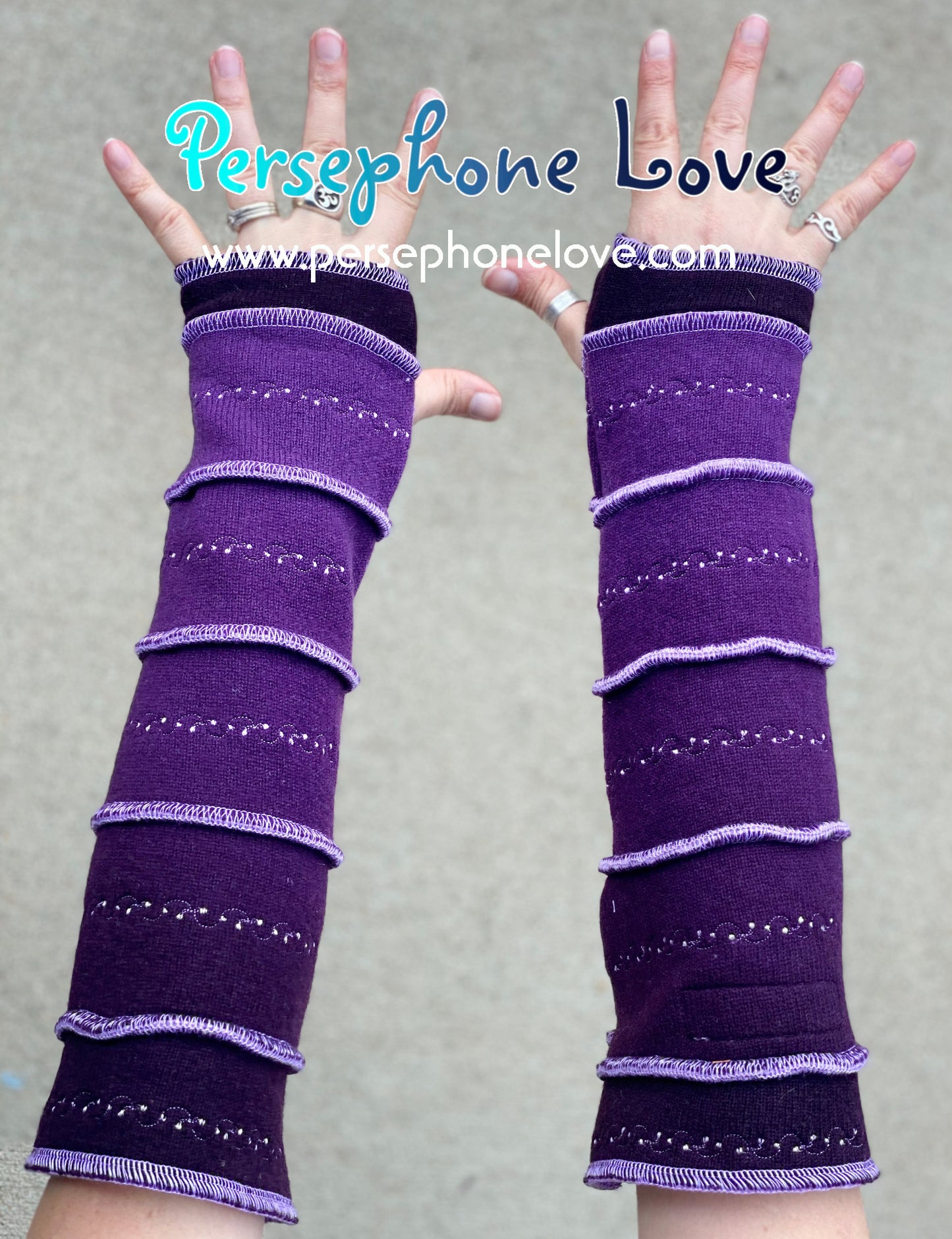 Katwise inspired needle-felted purple 100% cashmere embroidered upcycled sweater arm warmers -1422