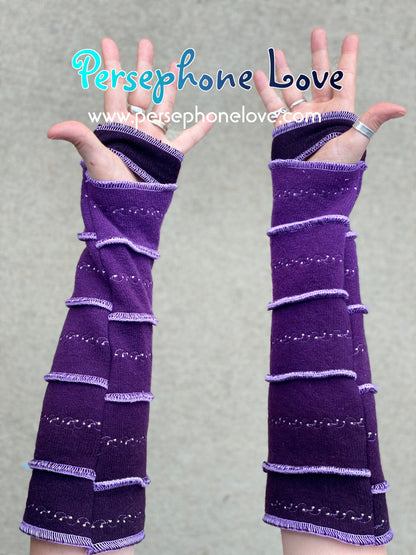 Katwise inspired needle-felted purple 100% cashmere embroidered upcycled sweater arm warmers -1422