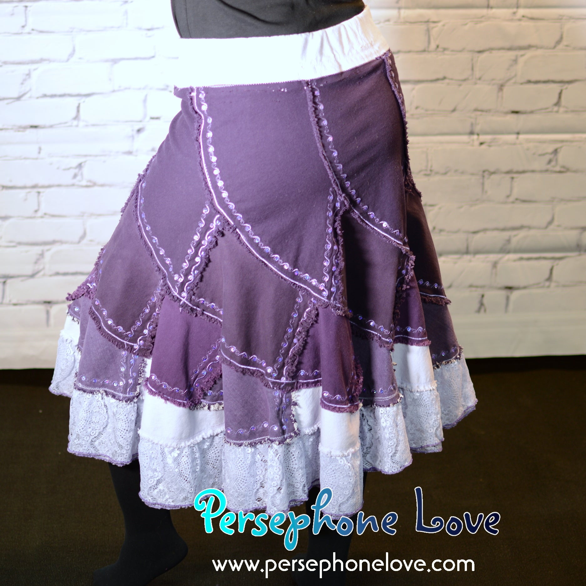 Purple ombre patchwork denim upcycled twirly spiral festival skirt