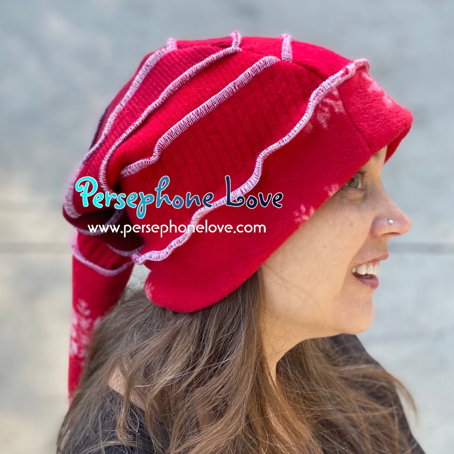 Katwise inspired red snowflake 100% felted cashmere/fleece recycled sweater elf hat-1464