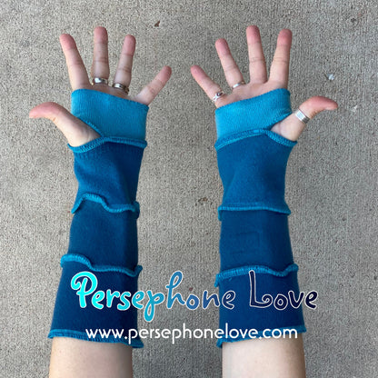 Katwise inspired needle-felted teal/ turquoise 100% cashmere upcycled sweater arm warmers -1453