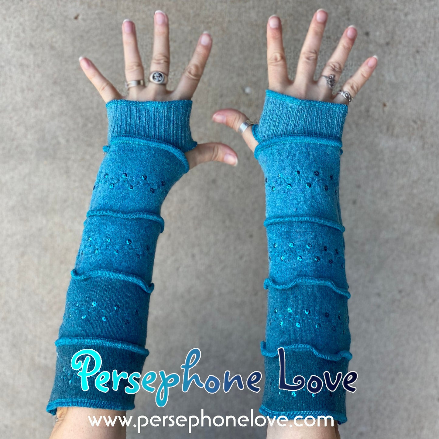 Katwise inspired needle-felted teal100% cashmere upcycled sweater arm warmers SEQUINS-1454