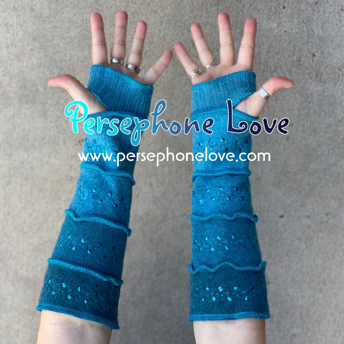 Katwise inspired needle-felted teal100% cashmere upcycled sweater arm warmers SEQUINS-1454