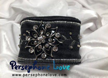 Black silver embroidered upcycled Gothic denim rhinestone bracelet-1113