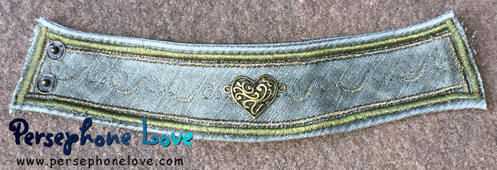 Olive grey antique gold embroidered beaded upcycled denim filigree heart bracelet-1157