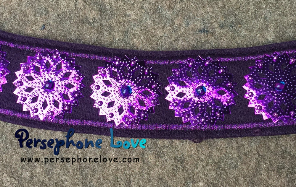 Purple embroidered/beaded sequin upcycled denim bracelet-1171